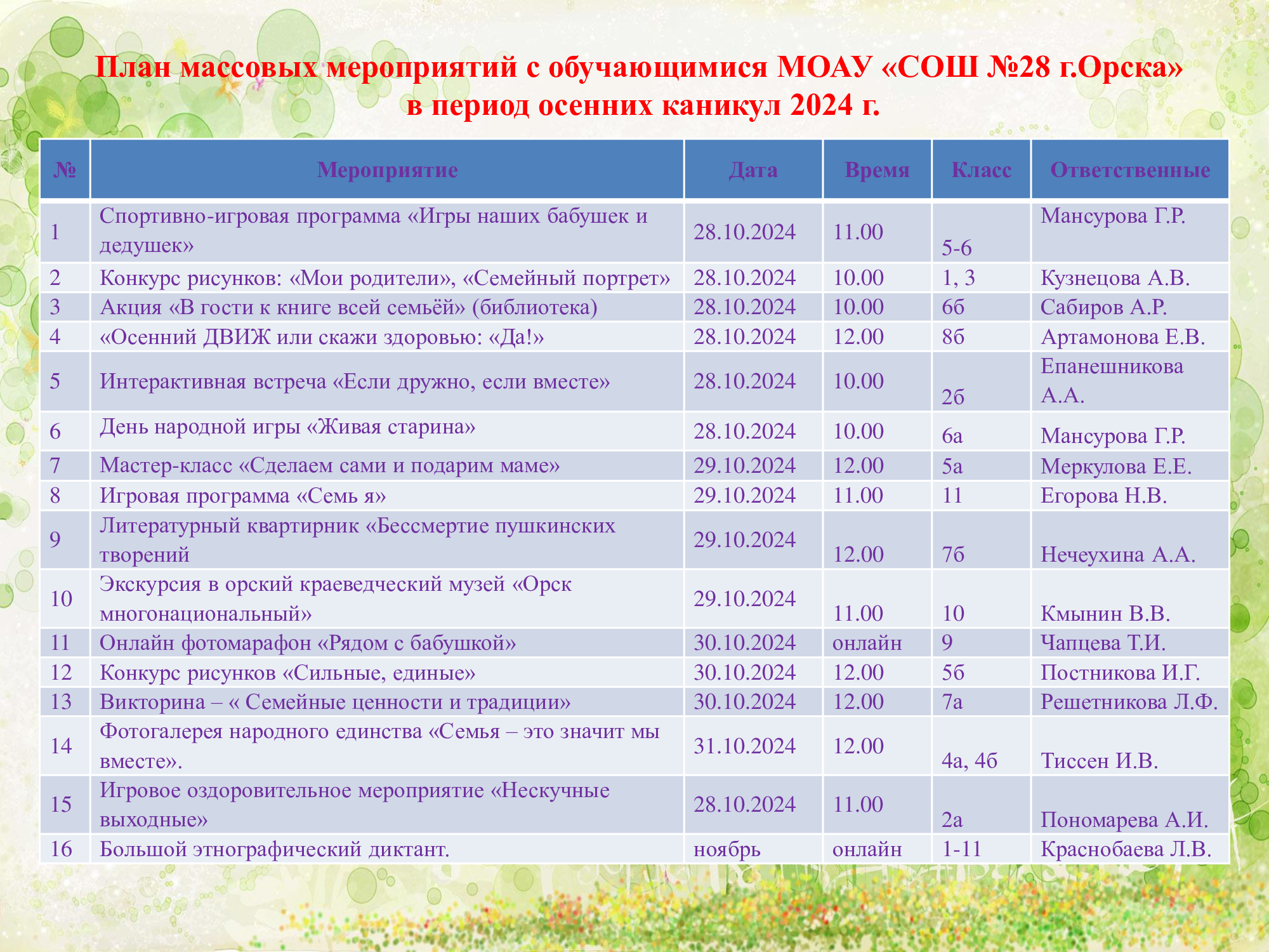 План мероприятий на осенние каникулы